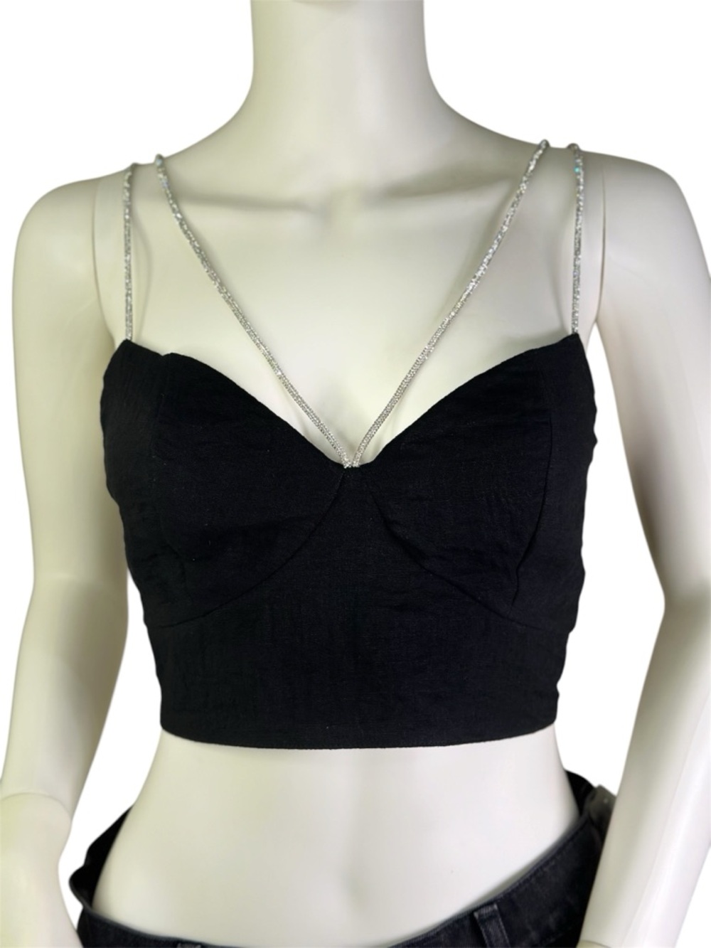 H&M Black Crop Cami with Rhinestone Straps